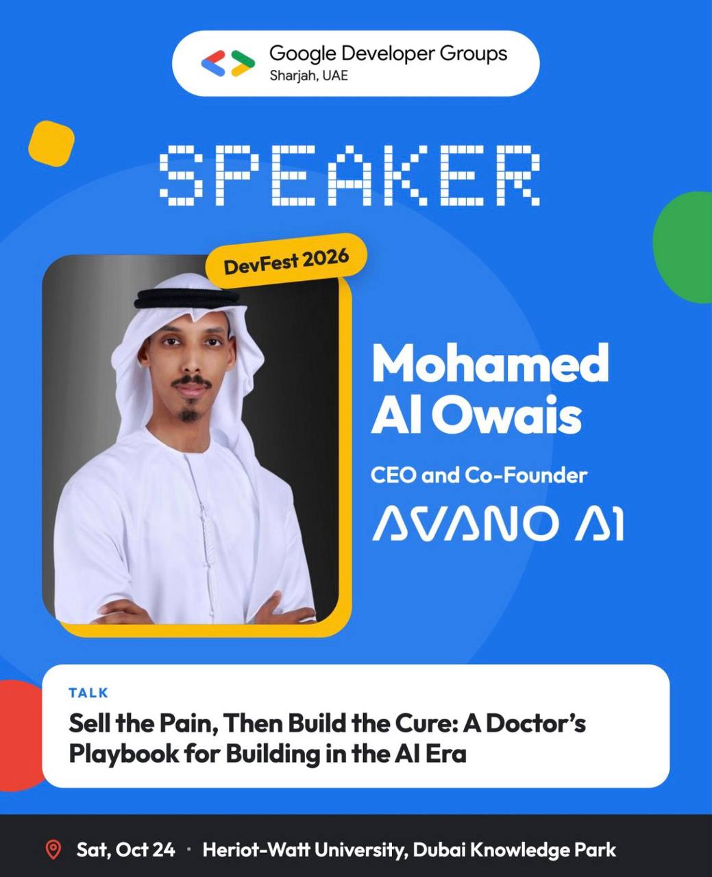 DevFest 2026 speaker card: Mohamed Al Owais, Google Developer Groups Sharjah